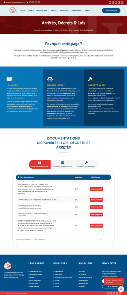 Capture d'écran de la page Arrêtés, Décrets et Lois du nouveau site de la DGI