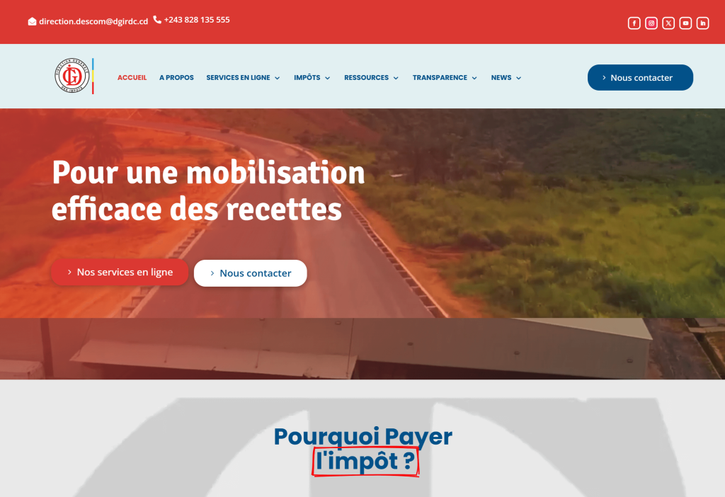 Capture d'écran de la page d'accueil du nouveau site web de la DGI