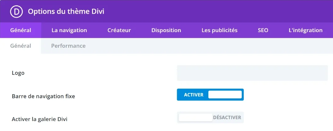 Options du thème Divi dans l’administration WordPress