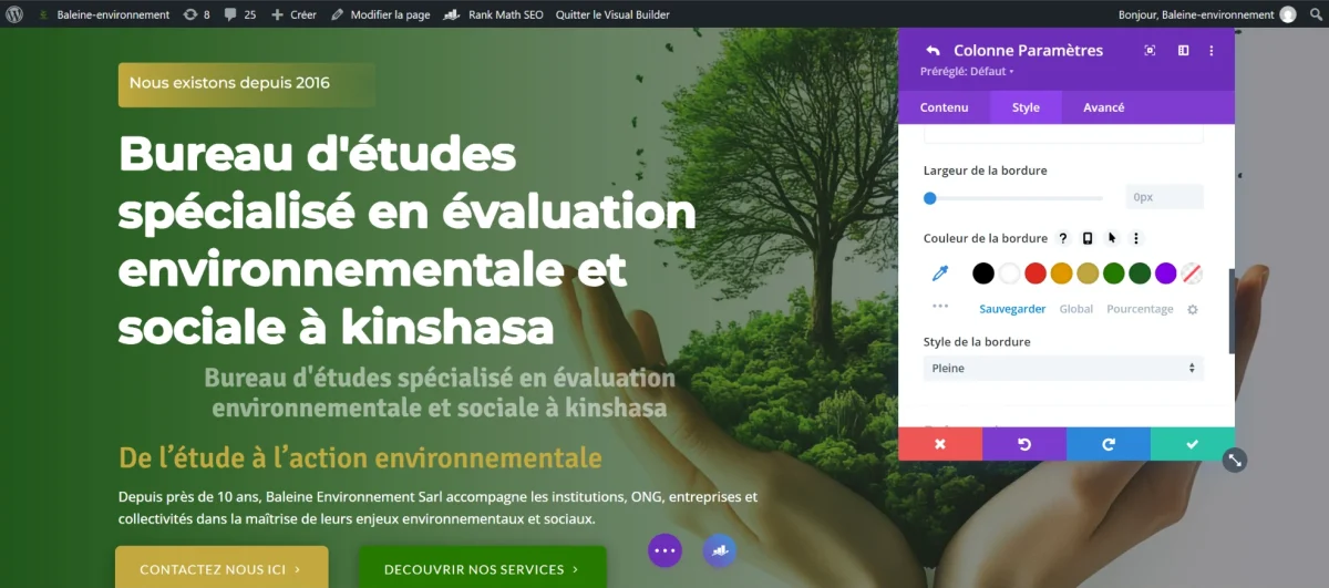 Site WordPress à Kinshasa en cours d’édition dans le constructeur visuel Divi